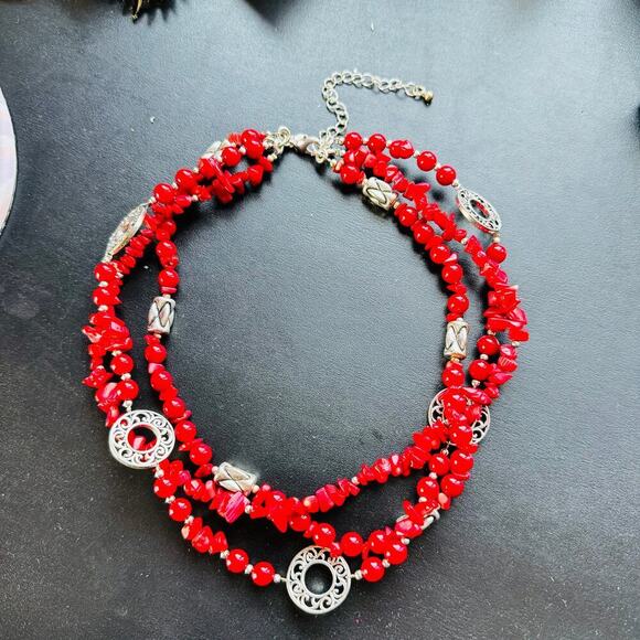 Premier Designs Triple Strands Coral Beaded Necklace over Silver Plated 17-20" - Picture 6 of 9